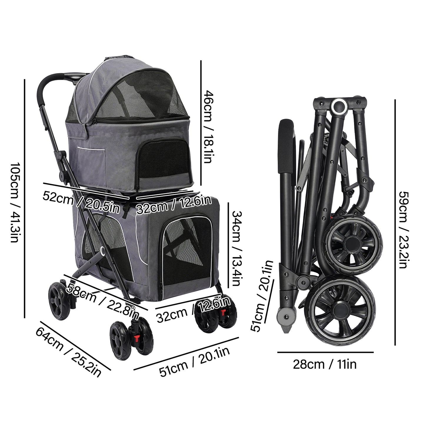 Foldable Pet Stroller Dog Travel Stroller Double Dog Cat Carrying Cart with Storage Basket for Travel Camping