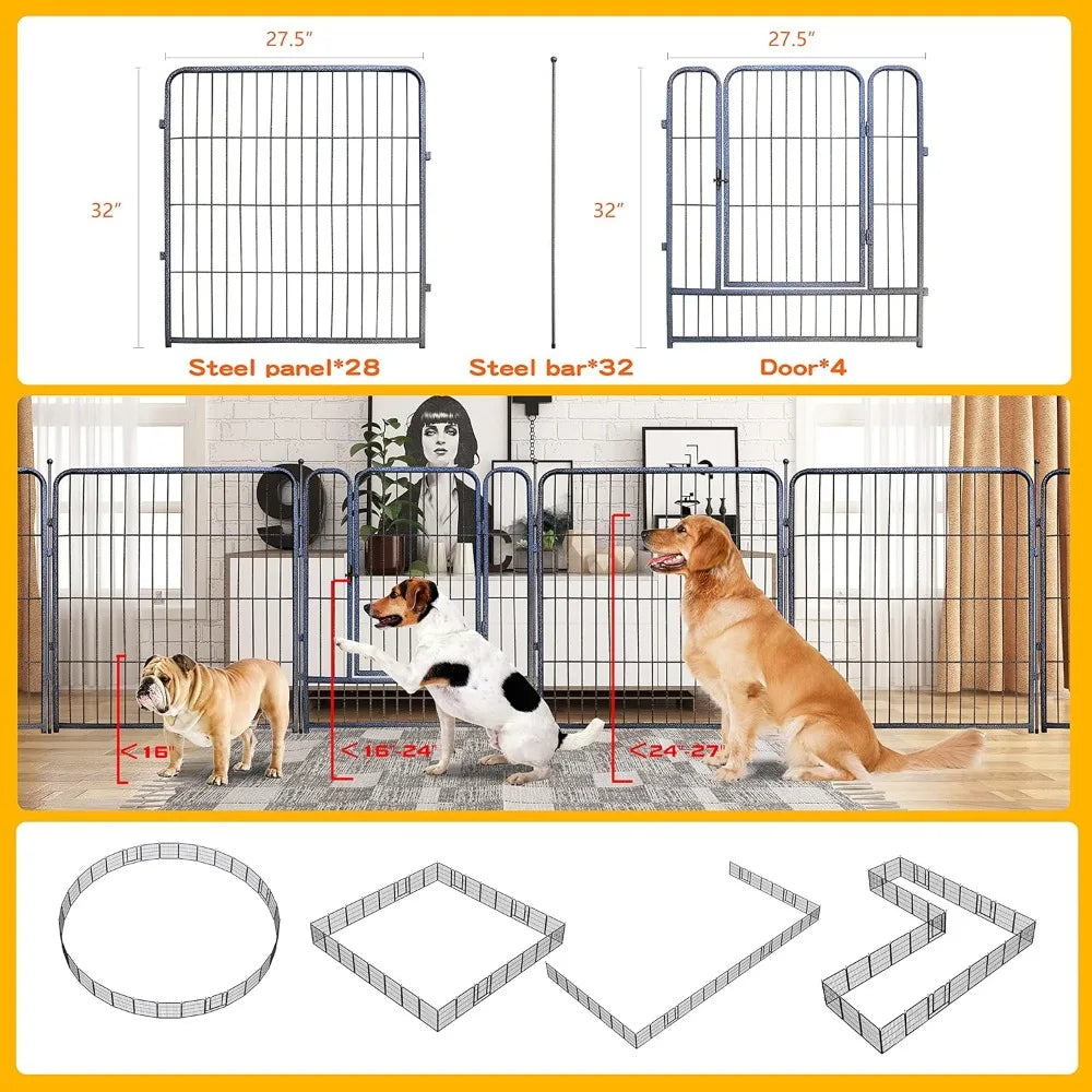 Dog Playpen,32 Inch Height in Heavy Duty,Folding Indoor Outdoor Dog Exercise Fence, Portable Pet Playpen with Door