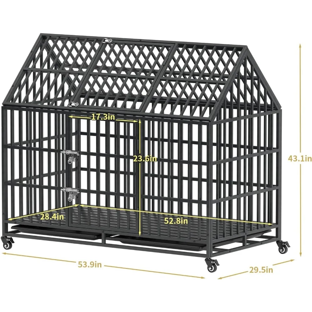 54 Inch Heavy Duty Dog Crate Extra Large Dog Cage Kennel, Indestructible XXL Dog Crate with Open Roof Top, Trays and Wheels, Esc