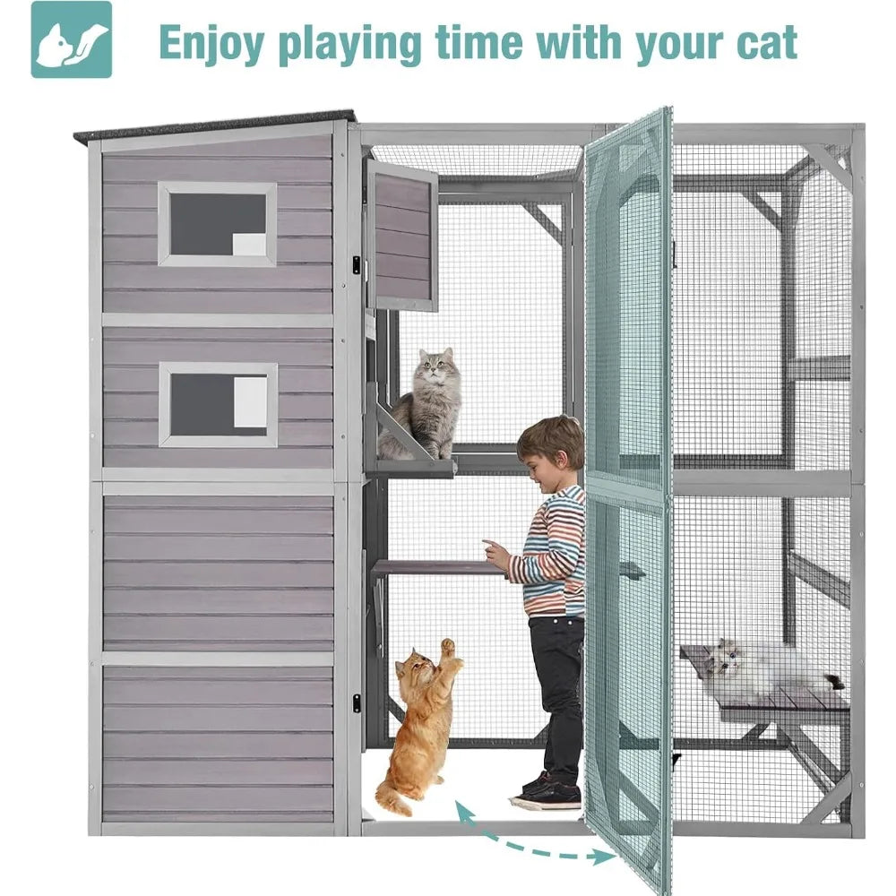 Cat Cage, Large Catio Outdoor Cat Enclosure with 4 Tiers Weatherproof Roof Kitty House for Outdoor Cats, 77 Inch