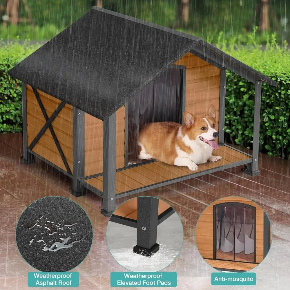 Outdoor Dog House,Weatherproof Wooden Dog Shelter for Small to Medium Sized Dogs,Iron Frame Indoor Outdoor Doghouse