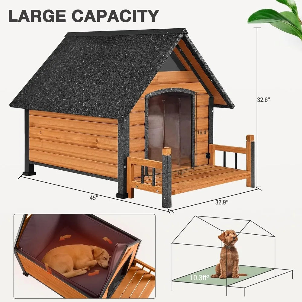 Dog House with Insulated Liner Outdoor Indoor All-Around Iron Frame Design Dog House with Porch&Raised Feet for Small Medium Lar