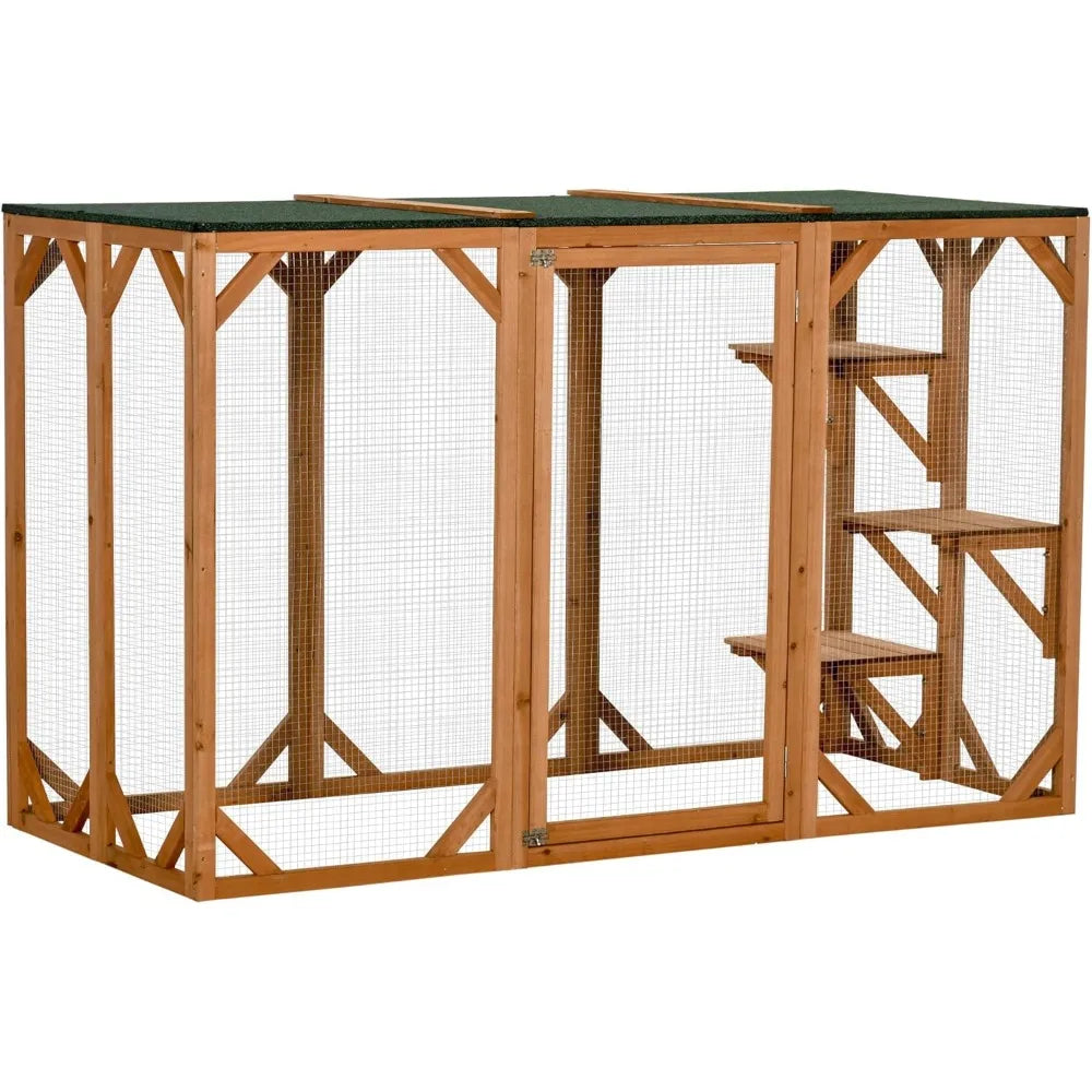 Outdoor Cat House, Catio Wooden Feral Cat Shelter, Cats Cage with Platforms, Large Enter Door, Wooden Cat Cage Condo