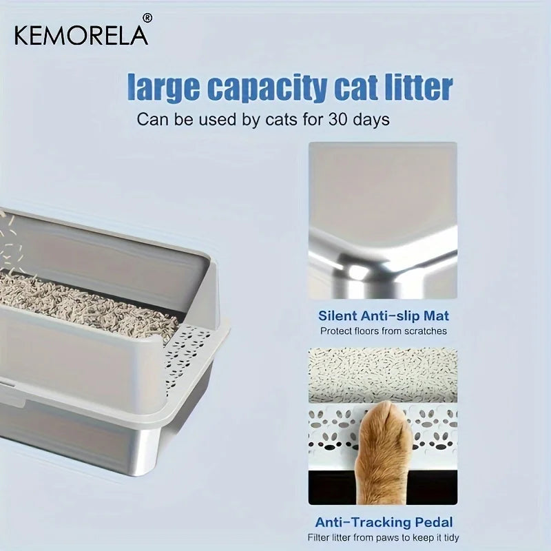 Super Large XL Stainless Steel Litter Box With Lid High Side Suitable For Large and Small Cats RemovableOdorIncluding Spoon