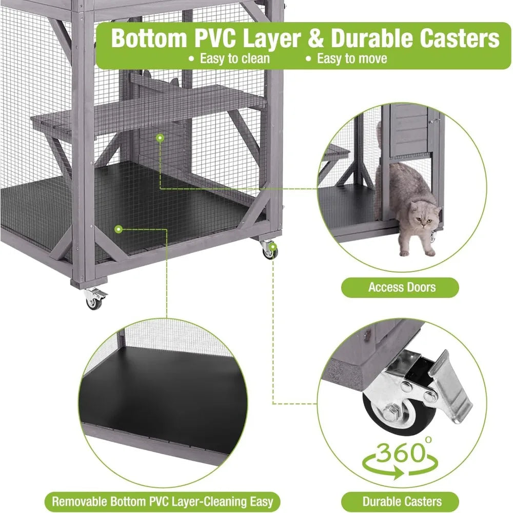 Cat House Outdoor Cage Cat Enclosure on Wheels,Large Wooden Kitty Catio with Resting Box,PVC Layer