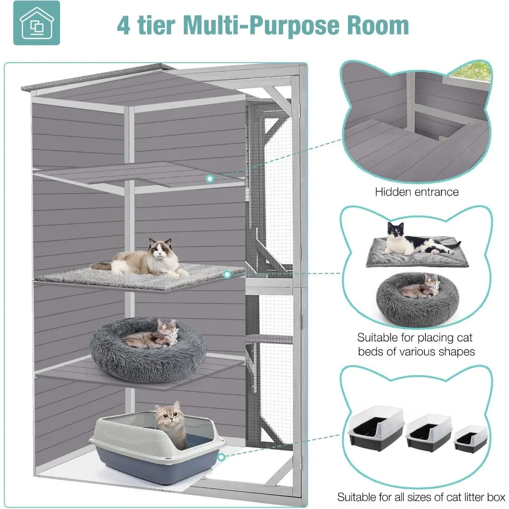 Cat Cage, Large Catio Outdoor Cat Enclosure with 4 Tiers Weatherproof Roof Kitty House for Outdoor Cats, 77 Inch
