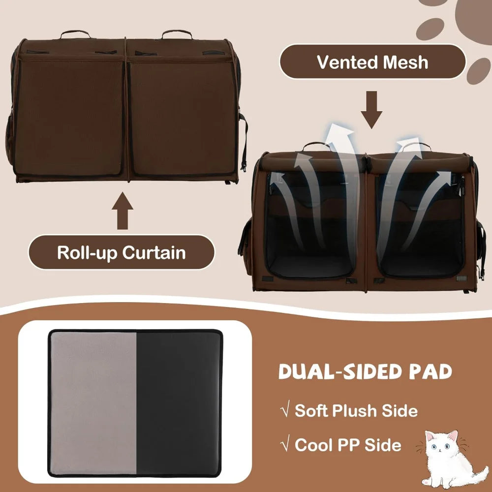 40 Inch Cat Carrier with Double Compartments, Portable Pet Kennel with 2 Removable Hammocks, Dual-use Mats & Litter Box