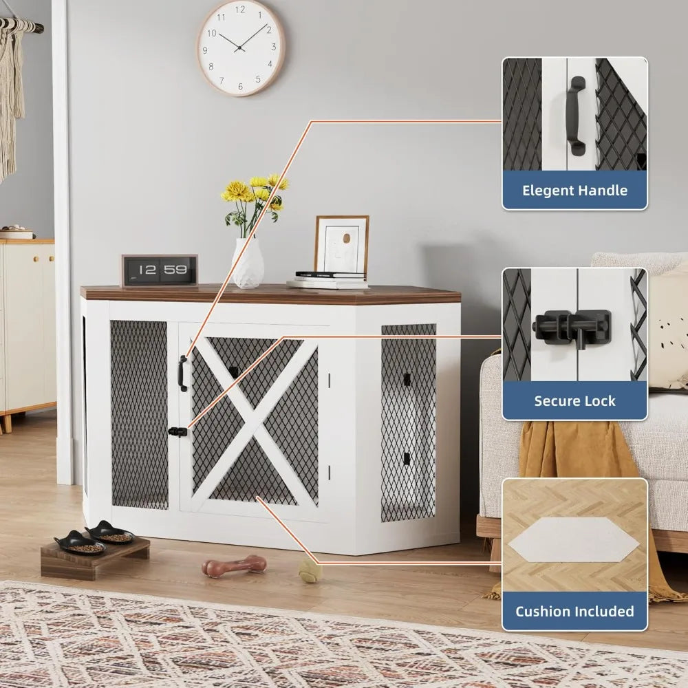 Corner Dog Crate Furniture,Wooden Dog Kennel End Table with Mesh,Cage for Small Medium Large Dog,Decorative Pet Crate Indoor Use