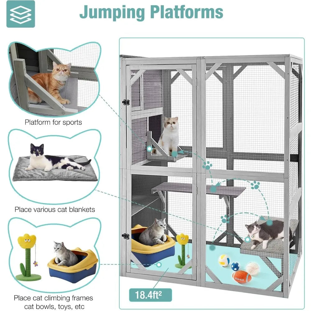 Cat Cage, Large Catio Outdoor Cat Enclosure with 4 Tiers Weatherproof Roof Kitty House for Outdoor Cats, 77 Inch
