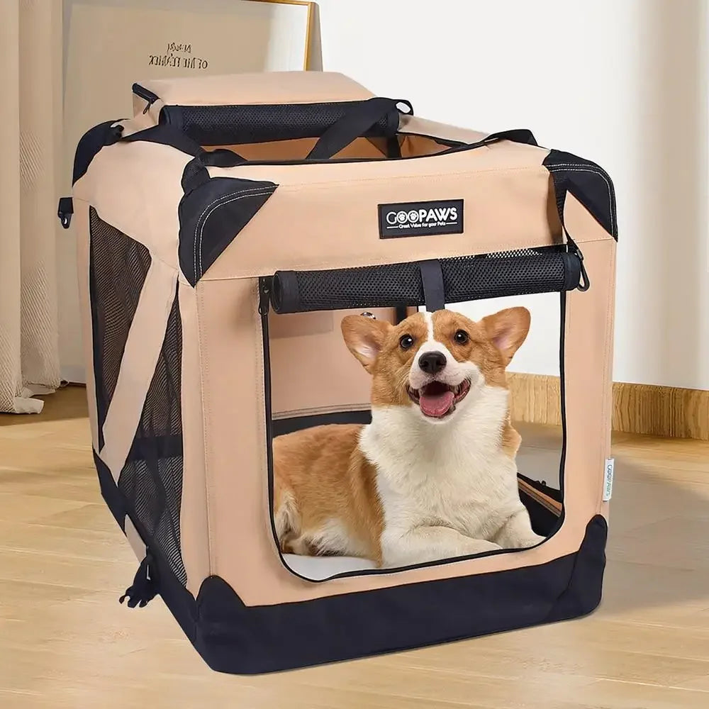 Soft Foldable Portable Dog Crate 36" Beige Security Breathable 3 Door Kennel Travel Carrier Indoor & Outdoor Mesh Bed Pad
