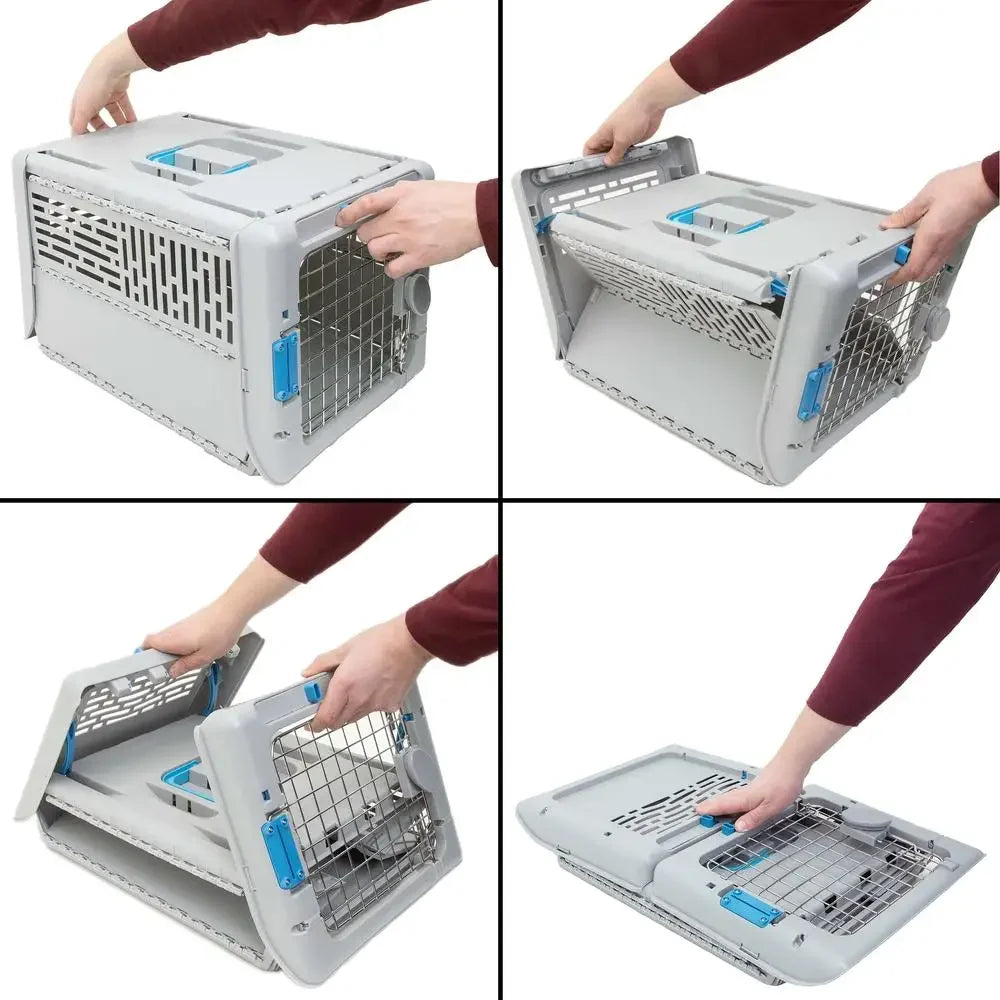 Portable Dog Kennel Collapsible Plastic Small 19" Lightweight Durable Ventilated Gray