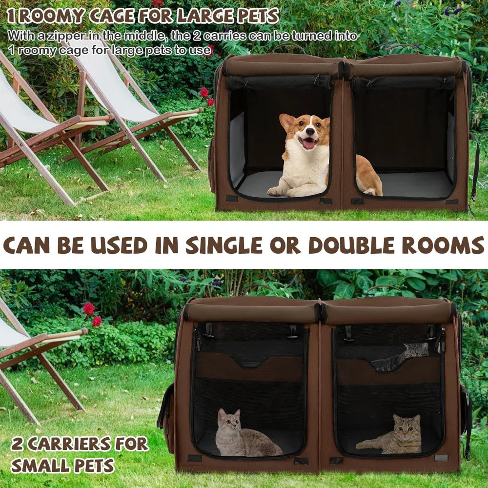 40 Inch Cat Carrier with Double Compartments, Portable Pet Kennel with 2 Removable Hammocks, Dual-use Mats & Litter Box