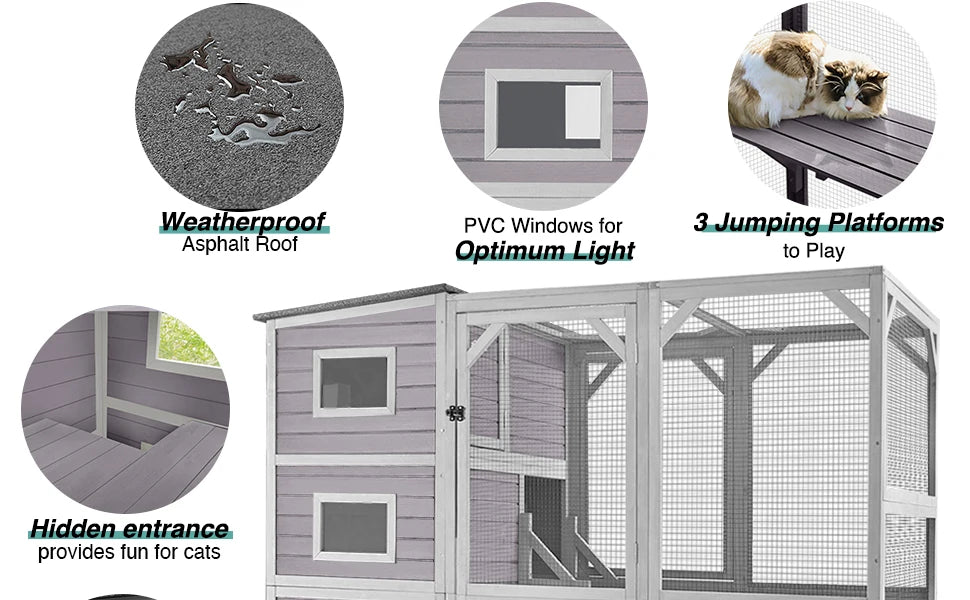 Cat Cage, Large Catio Outdoor Cat Enclosure with 4 Tiers Weatherproof Roof Kitty House for Outdoor Cats, 77 Inch