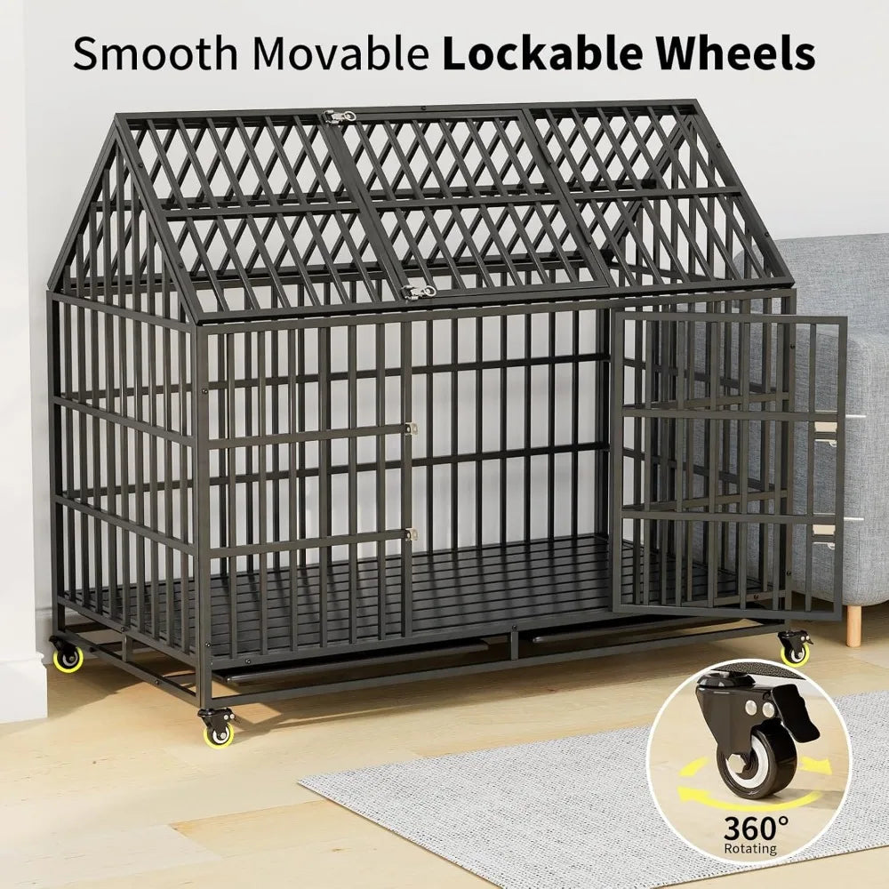 54 Inch Heavy Duty Dog Crate Extra Large Dog Cage Kennel, Indestructible XXL Dog Crate with Open Roof Top, Trays and Wheels, Esc