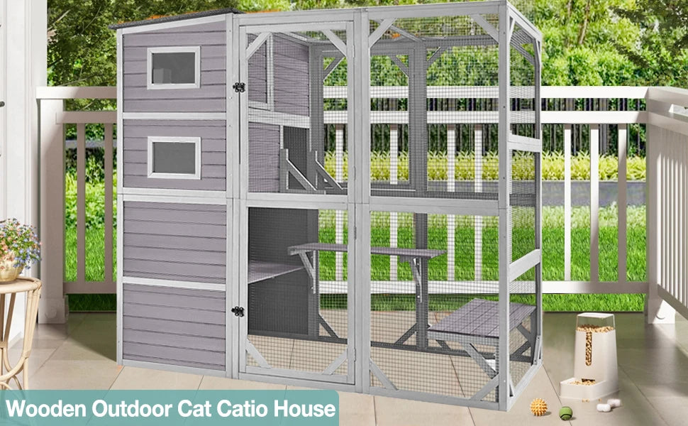 Cat Cage, Large Catio Outdoor Cat Enclosure with 4 Tiers Weatherproof Roof Kitty House for Outdoor Cats, 77 Inch