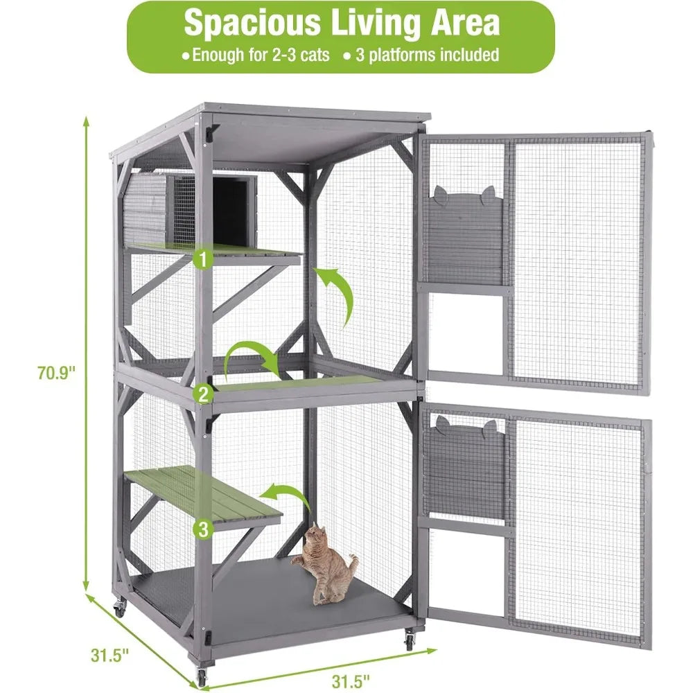 Cat House Outdoor Cage Cat Enclosure on Wheels,Large Wooden Kitty Catio with Resting Box,PVC Layer