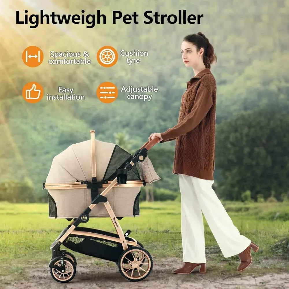 Pet Stroller 3 in 1 for Medium Small Size Dogs Luxury Large Cat Stroller Detachable Carrier for Puppy, Kitty, Doggie (C510L Kha