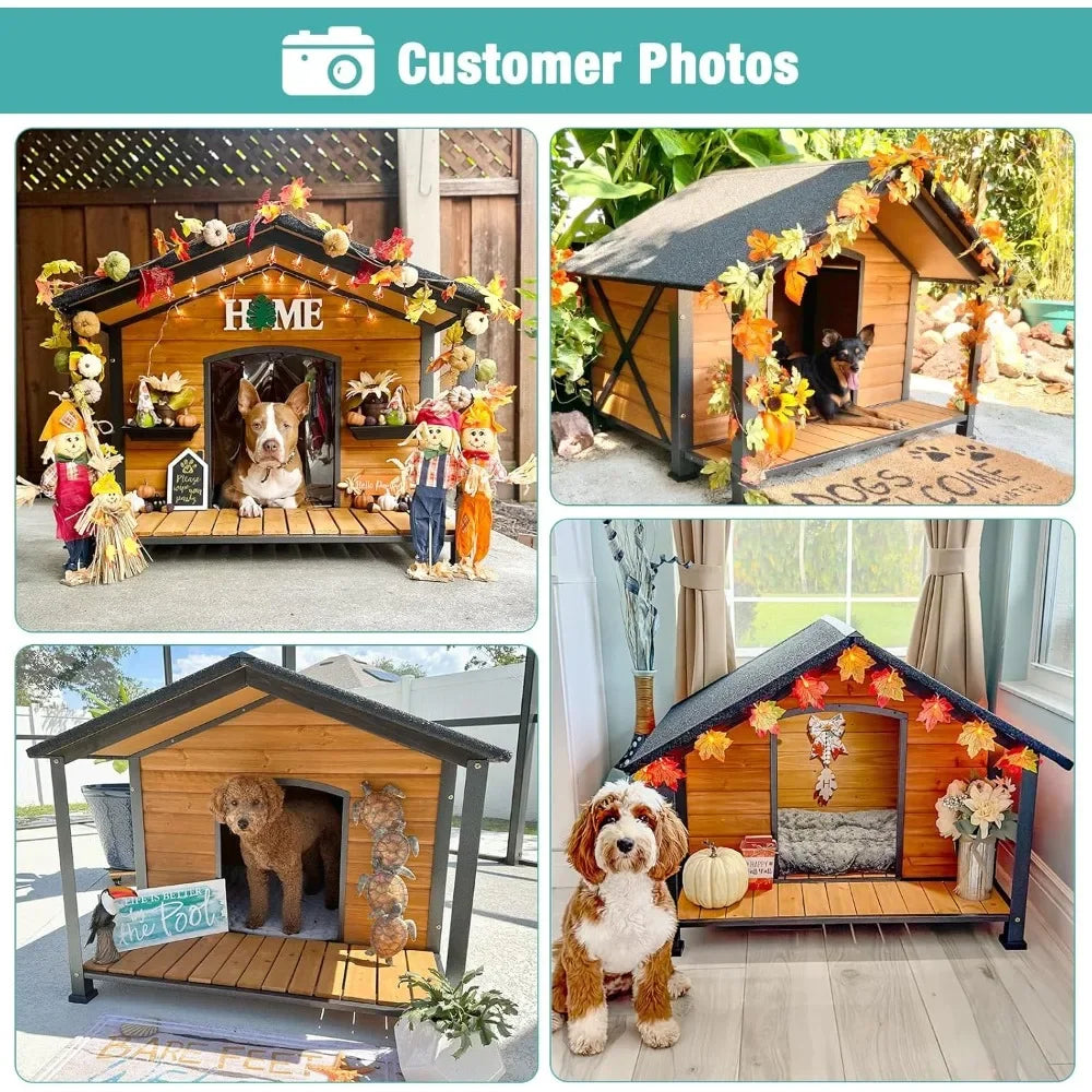 Outdoor Dog House,Weatherproof Wooden Dog Shelter for Small to Medium Sized Dogs,Iron Frame Indoor Outdoor Doghouse