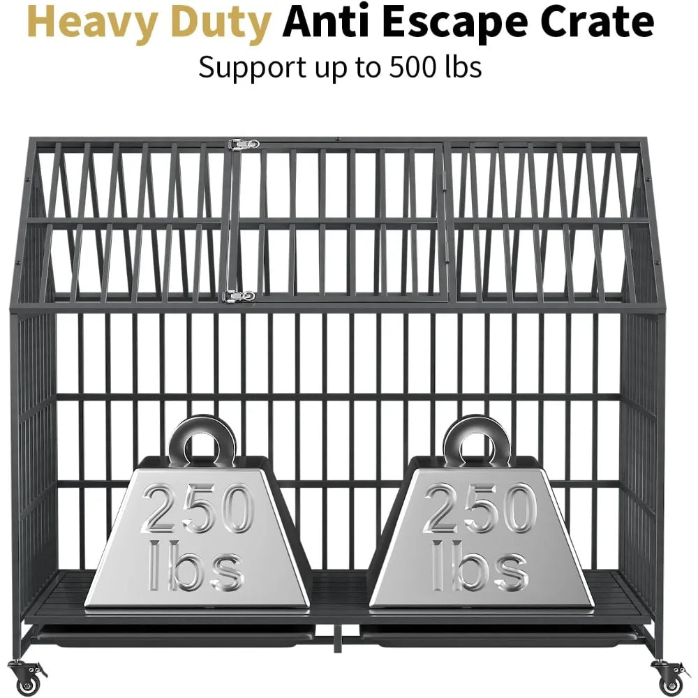 54 Inch Heavy Duty Dog Crate Extra Large Dog Cage Kennel, Indestructible XXL Dog Crate with Open Roof Top, Trays and Wheels, Esc
