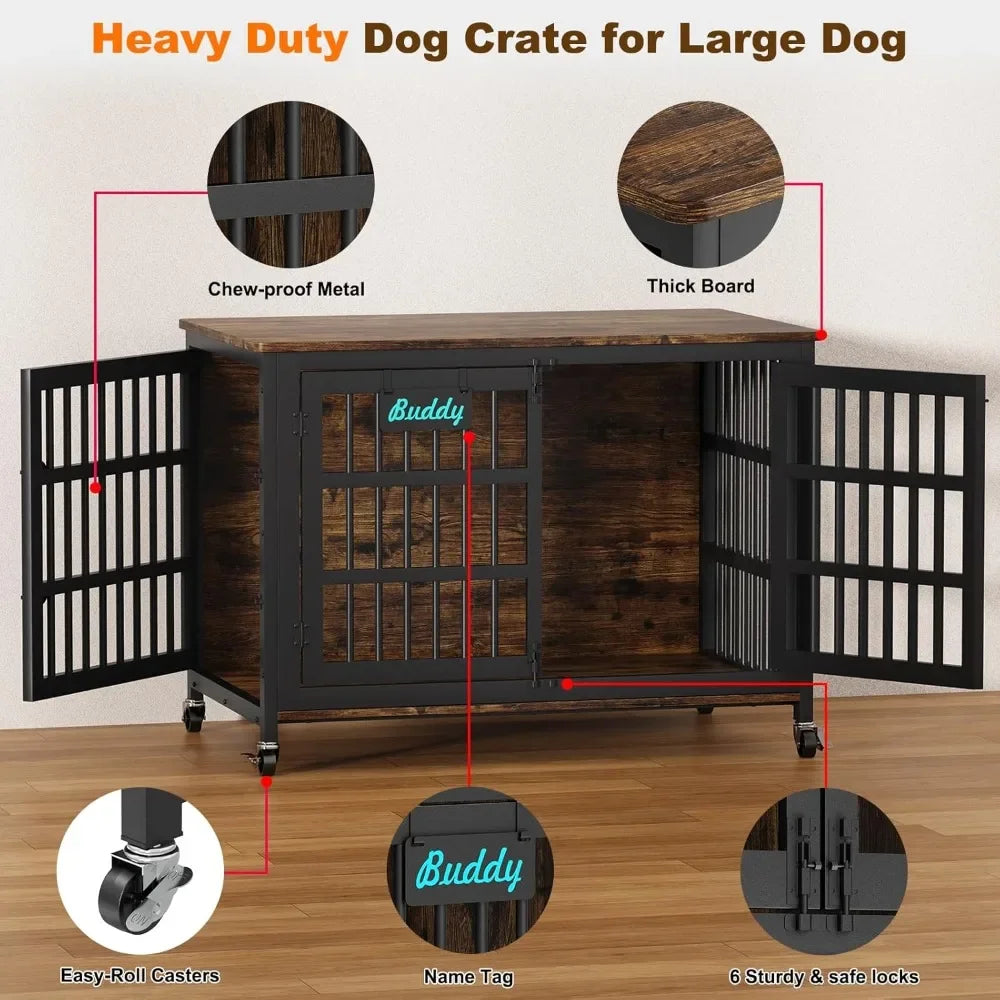 48"/42"/33" Dog Crate Furniture with Name Tag, Heavy Duty Kennel Indoor for Large Dogs, Escape-Proof