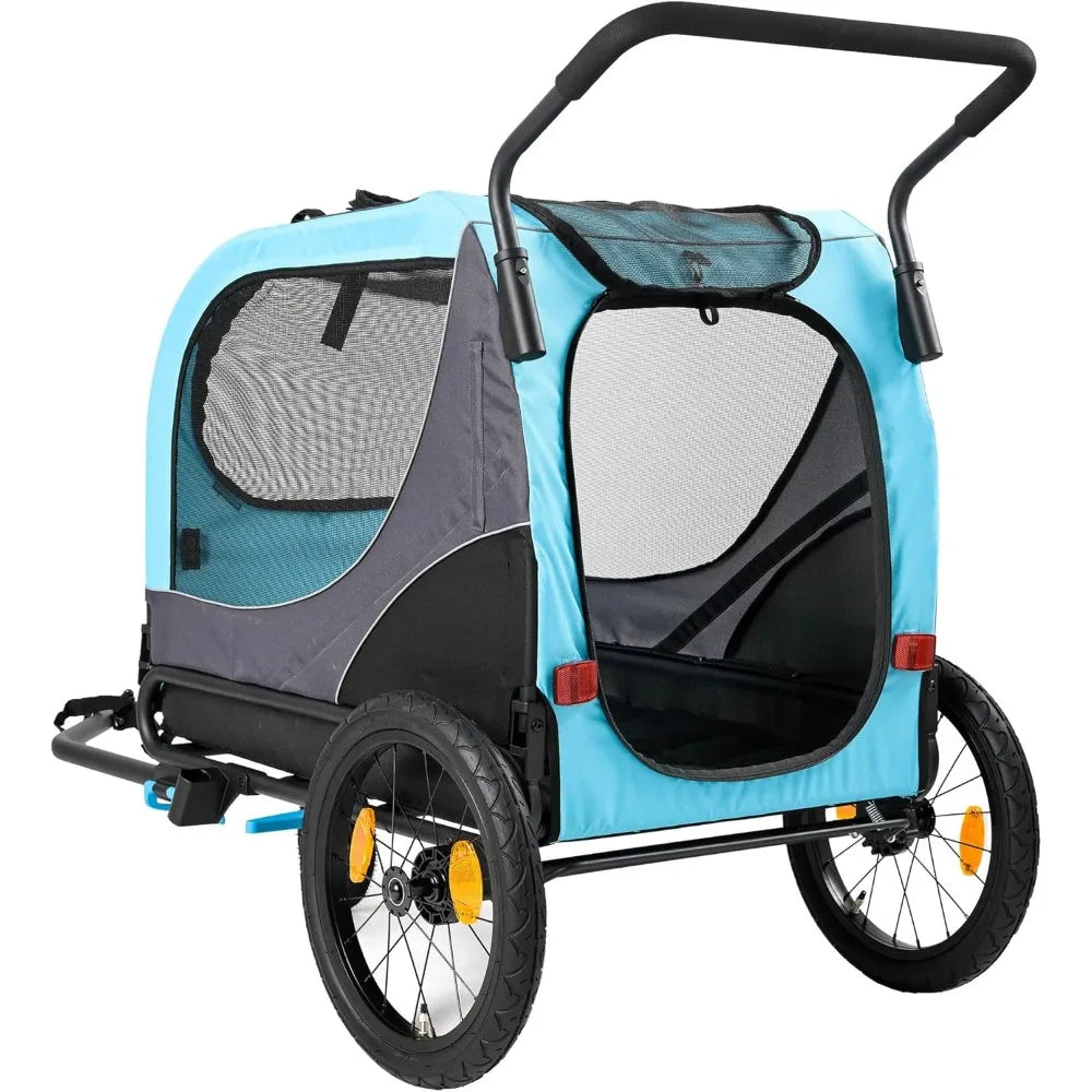 2-in-1 Pet Bike Trailer & Large Foldable Dog Stroller Pet Cart Carrier, Blue, 80 Lbs Capacity, Dog-Friendly Designs, Easy Foldi