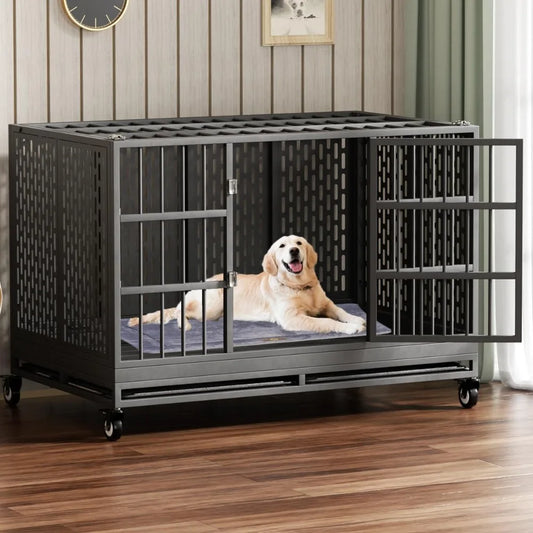 48/42/38 Inch Heavy Duty Dog Crate with Wheels, Folding Metal Big Dog Cage for Large and Medium Dogs,Indestructible Dog Crate