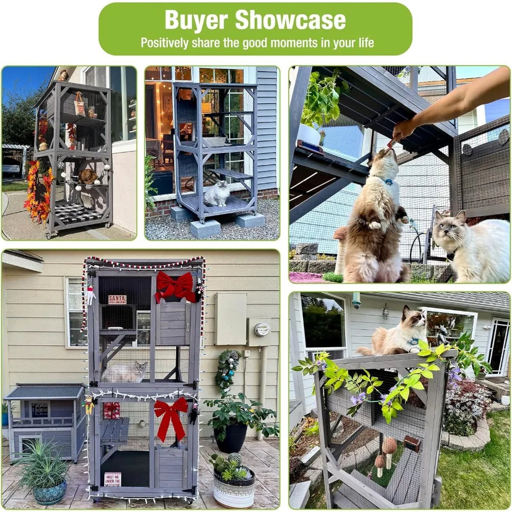 Cat House Outdoor Cage Cat Enclosure on Wheels,Large Wooden Kitty Catio with Resting Box,PVC Layer