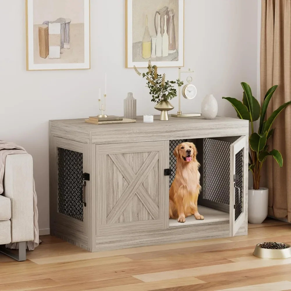 Corner Dog Crate Furniture with Double Doors, 36 Inch Wooden Dog Kennel End Table Indoor with Mesh, Cage/House for Small Medium