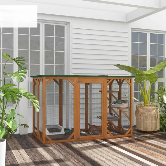 Outdoor Cat House, Catio Wooden Feral Cat Shelter, Cats Cage with Platforms, Large Enter Door, Wooden Cat Cage Condo