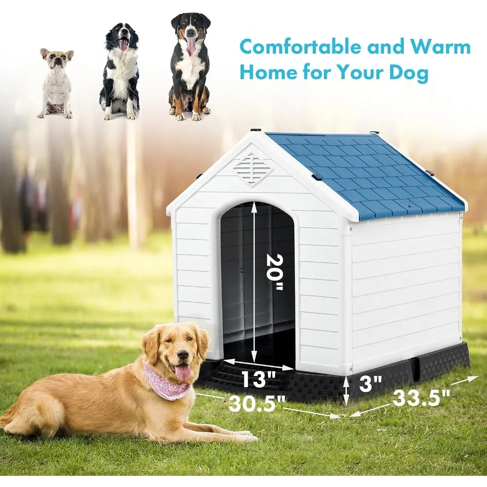 Large Dog House Outdoor for Large Dogs, Plastic 34 Inches Dog House with Sturdy Kennel, Air Vents & Elevated Floor
