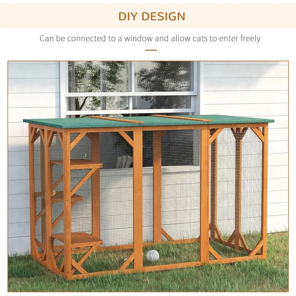 Outdoor Cat House, Catio Wooden Feral Cat Shelter, Cats Cage with Platforms, Large Enter Door, Wooden Cat Cage Condo