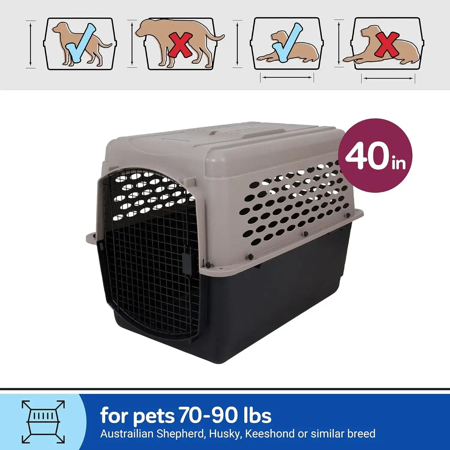 Vibrant Life Pet Kennel Large 40" Dog Crate, Plastic Travel Pet Carrier for Pets 70-90 lb, Grey