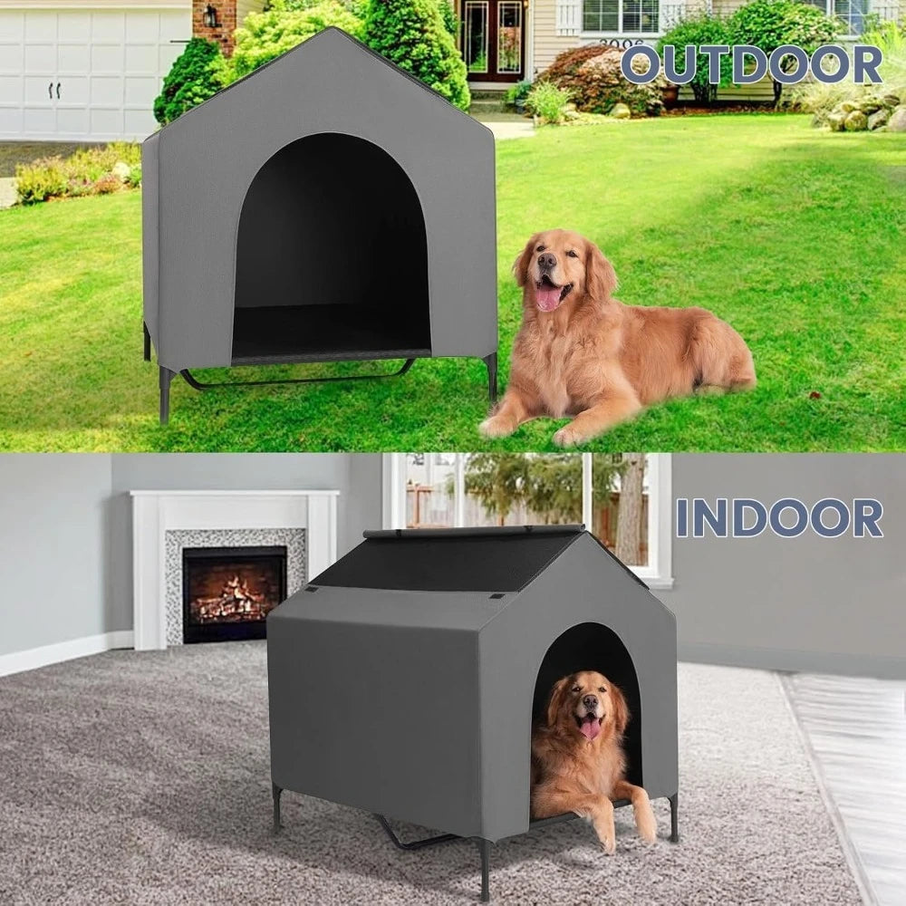 Outdoor Dog House for Large Breeds, Durable Dog Shelter with Weatherproof 600D PVC Canopy, 2x1 Textilene Fabric Elevated Dog Bed