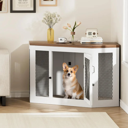 Corner Dog Crate Furniture,Wooden Dog Kennel End Table with Mesh,Cage for Small Medium Large Dog,Decorative Pet Crate Indoor Use
