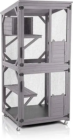 Cat House Outdoor Cage Cat Enclosure on Wheels,Large Wooden Kitty Catio with Resting Box,PVC Layer