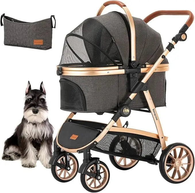 Pet Stroller 3 in 1 for Medium Small Size Dogs Luxury Large Cat Stroller Detachable Carrier for Puppy, Kitty, Doggie (C510L Kha
