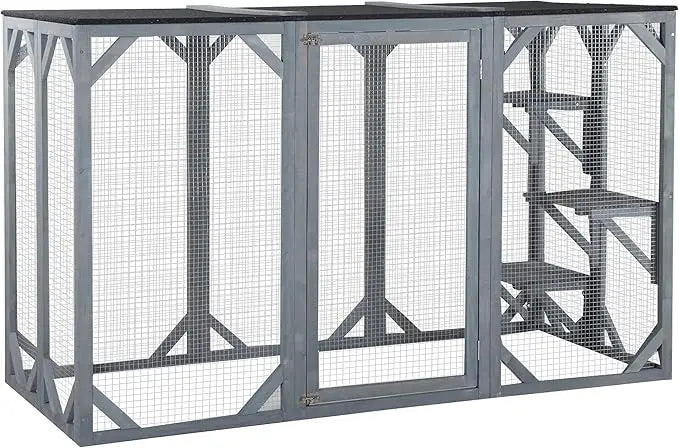 Outdoor Cat House, Catio Wooden Feral Cat Shelter, Cats Cage with Platforms, Large Enter Door, Wooden Cat Cage Condo