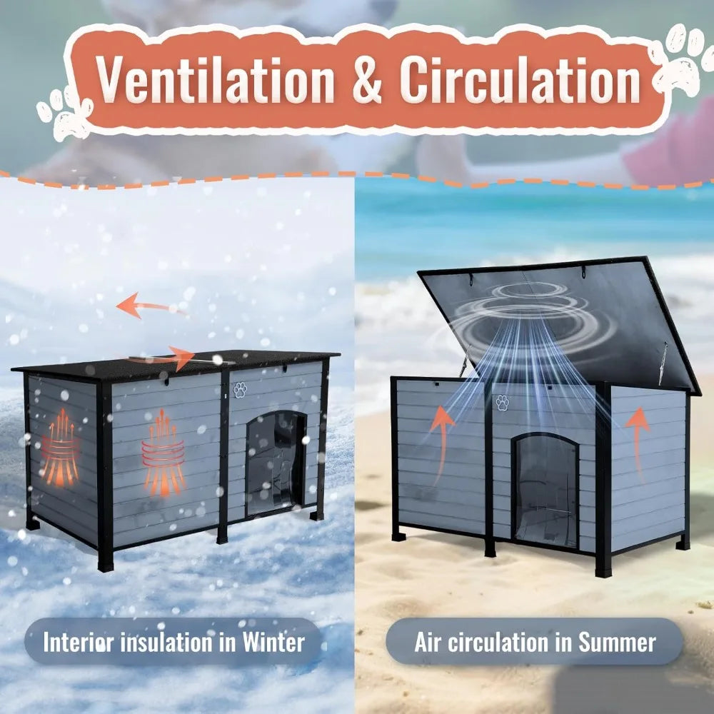 Outdoor Dog House, Indoor Outdoor Doghouse Puppy Shelter Dog House with Iron Frame,Anti-Bite Design Dog Home for Small Medium So