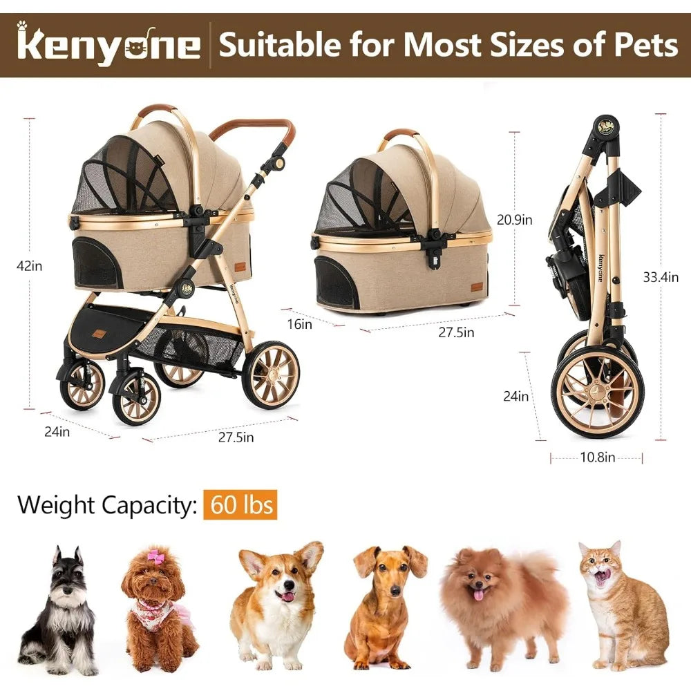 Pet Stroller 3 in 1 for Medium Small Size Dogs Luxury Large Cat Stroller Detachable Carrier for Puppy, Kitty, Doggie (C510L Kha
