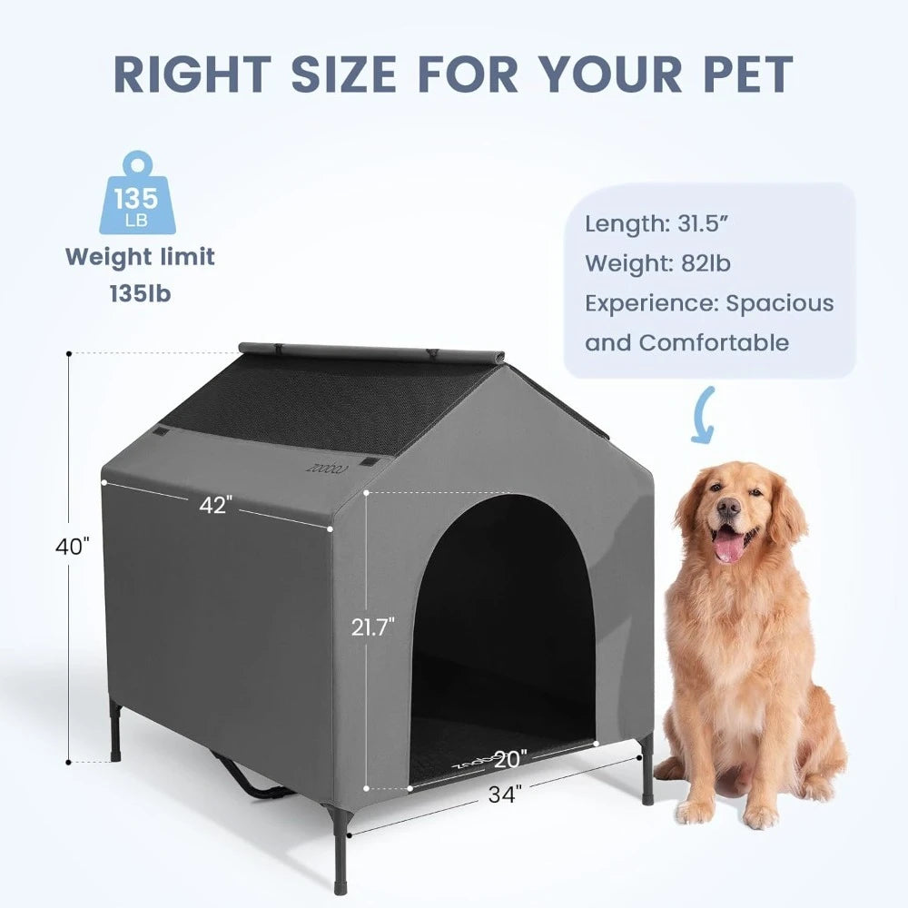 Outdoor Dog House for Large Breeds, Durable Dog Shelter with Weatherproof 600D PVC Canopy, 2x1 Textilene Fabric Elevated Dog Bed
