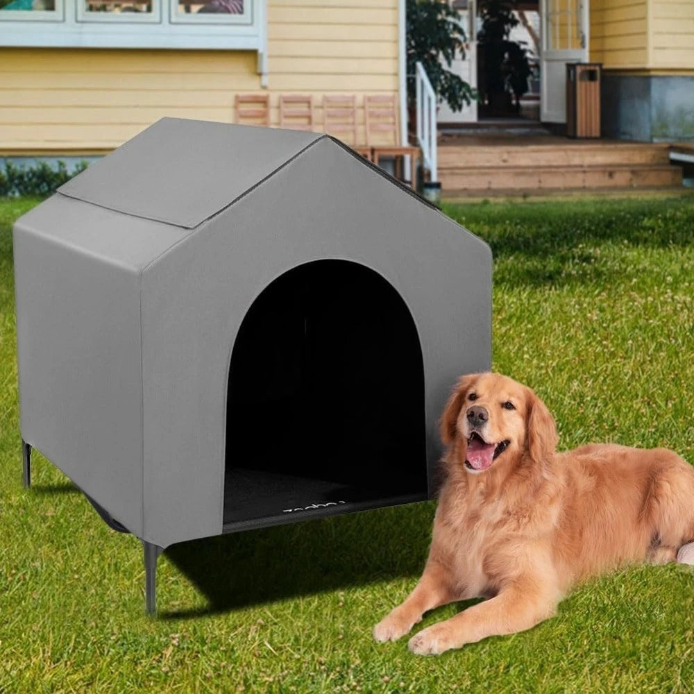 Outdoor Dog House for Large Breeds, Durable Dog Shelter with Weatherproof 600D PVC Canopy, 2x1 Textilene Fabric Elevated Dog Bed