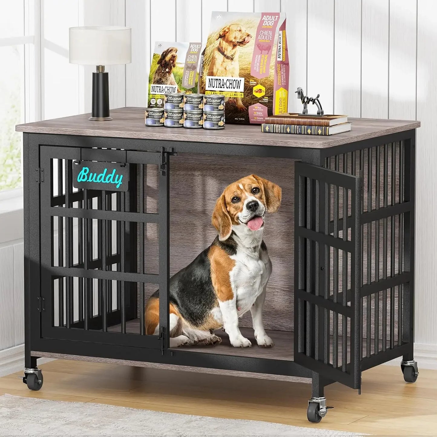 48"/42"/33" Dog Crate Furniture with Name Tag, Heavy Duty Kennel Indoor for Large Dogs, Escape-Proof