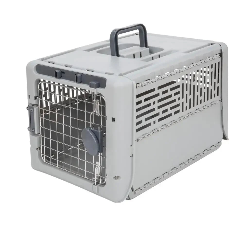 Portable Dog Kennel Collapsible Plastic Small 19" Lightweight Durable Ventilated Gray