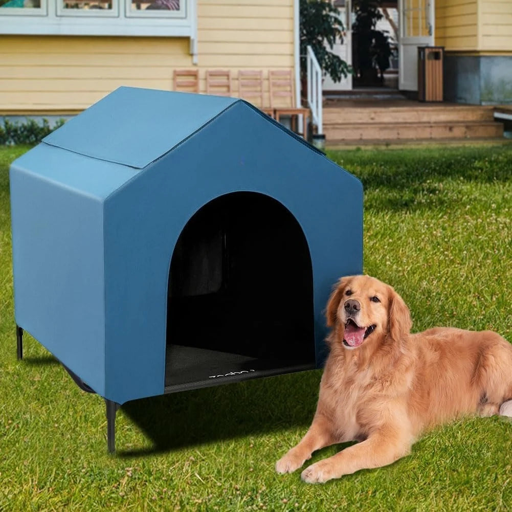 Outdoor Dog House for Large Breeds, Durable Dog Shelter with Weatherproof 600D PVC Canopy, 2x1 Textilene Fabric Elevated Dog Bed