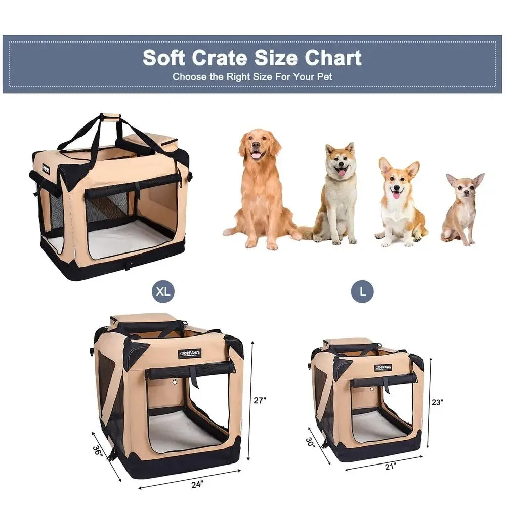 Soft Foldable Portable Dog Crate 36" Beige Security Breathable 3 Door Kennel Travel Carrier Indoor & Outdoor Mesh Bed Pad