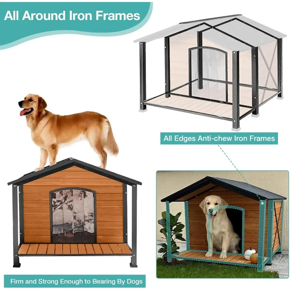 Outdoor Dog House,Weatherproof Wooden Dog Shelter for Small to Medium Sized Dogs,Iron Frame Indoor Outdoor Doghouse