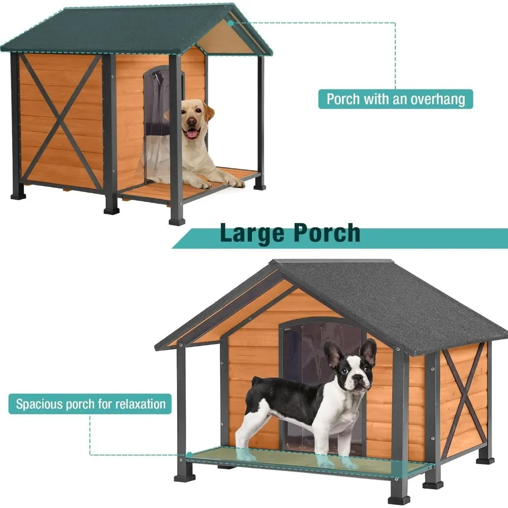 Outdoor Dog House,Weatherproof Wooden Dog Shelter for Small to Medium Sized Dogs,Iron Frame Indoor Outdoor Doghouse