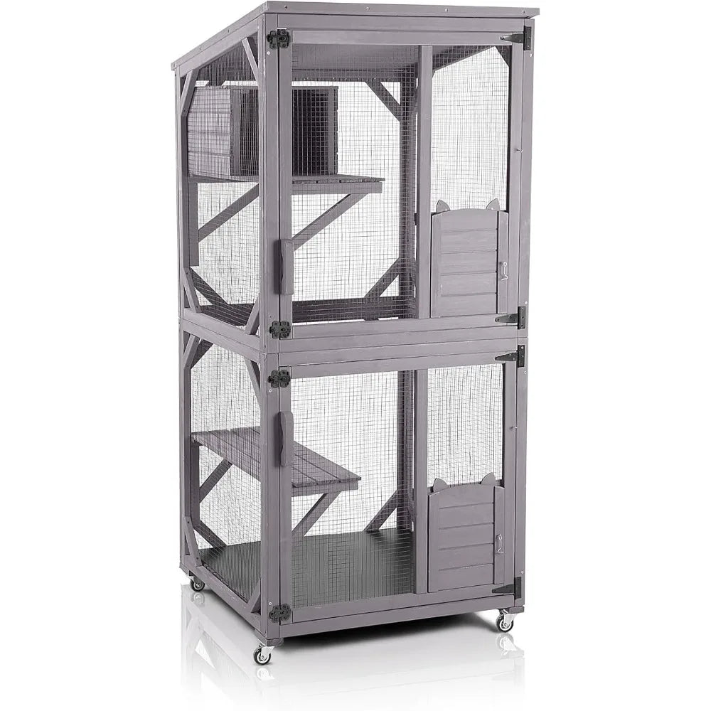 Cat House Outdoor Cage Cat Enclosure on Wheels,Large Wooden Kitty Catio with Resting Box,PVC Layer