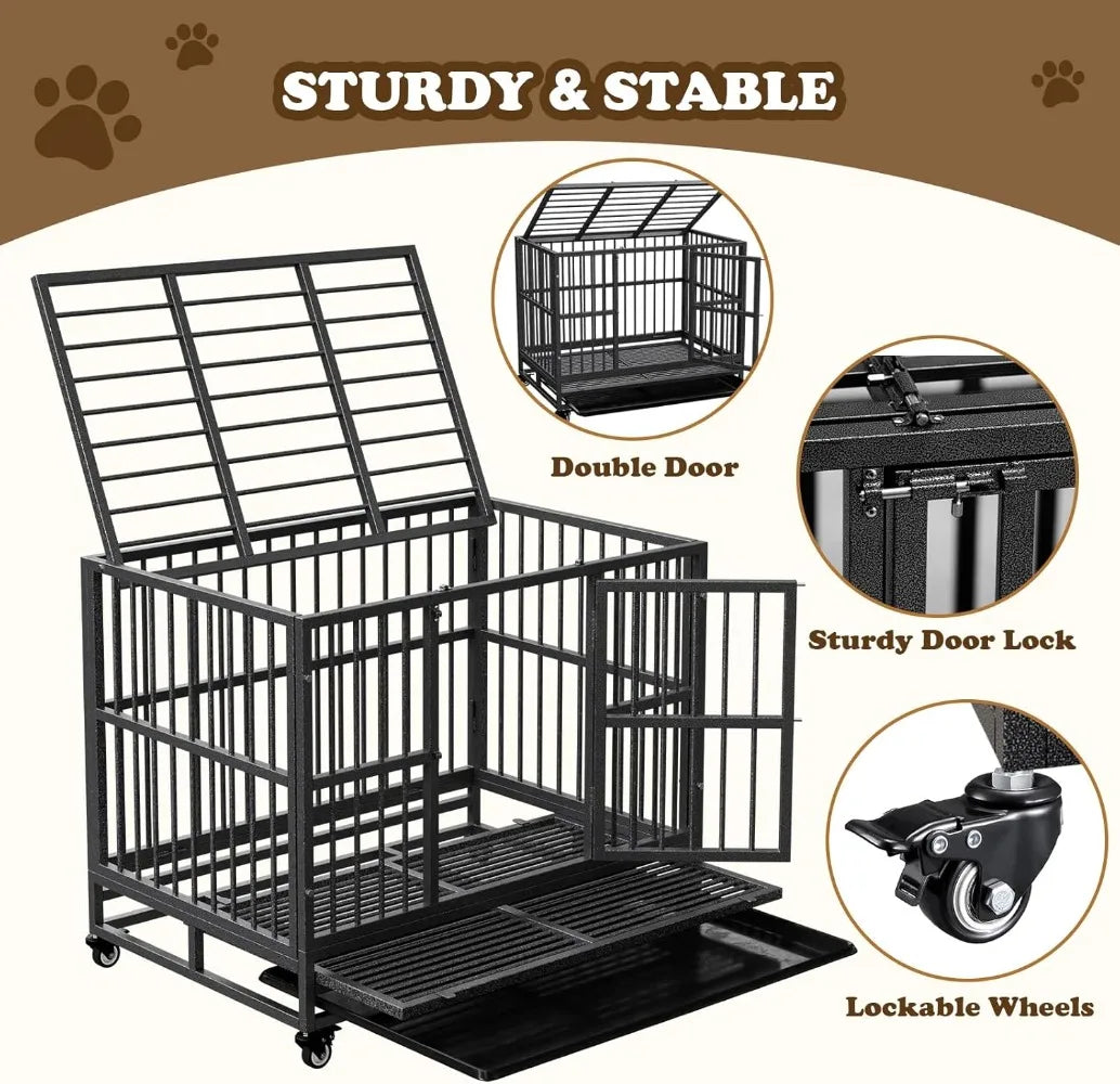 Dog Crate with Removable Tray, 37/42/46 Inch Indestructible and Escape Proof Steel Dog Cage Kennel for High Anxiety Dogs