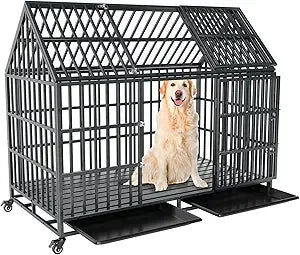 54 Inch Heavy Duty Dog Crate Extra Large Dog Cage Kennel, Indestructible XXL Dog Crate with Open Roof Top, Trays and Wheels, Esc